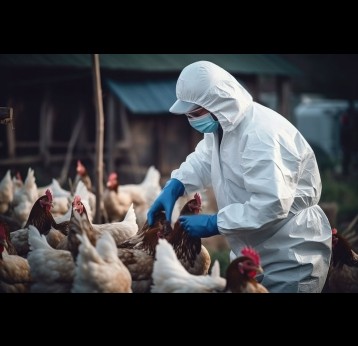 Veterinarian in protective equipment inspecting the poultry at chicken farm, bird flu infection.