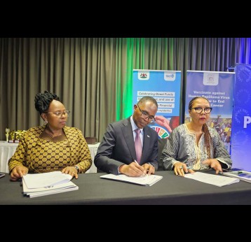 Signing of instruments of Use of Country PFM Systems and resumption of direct disbursement to the Government of Lesotho. Thabani Maphosa, Managing Director of Country Programmes Delivery at Gavi (Middle) together with Ms.Maneo Moliehi Ntene Principal Secretary -Ministry of Health Lesotho (Left) and Ms. Nthoateng Lebona-Principal Secretary Ministry of Finance Lesotho(right). 