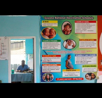 Devin Sanasie, the Medex in the community of Aishalton, sits in his office at the Aishalton District hospital. All childhood vaccines given as part of Guyana’s early childhood immunization program are given at this hospital. Photo courtesy Vishani Ragobeer.