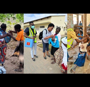 In these photos, health workers – including Luciana Flannery, PhD, a biologist in CDC’s Global Immunization Division (center) – give oral polio vaccines to children and infants in Mozambique. Credit: Luciana Flannery/CDC