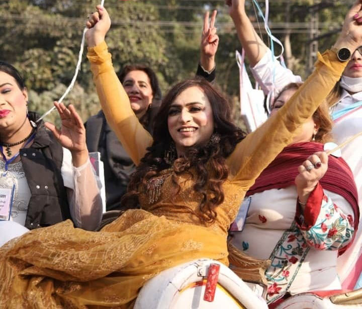 Pakistani trans woman Parveen with a group of transgender people during a protest in Lahore. Credit: Saadeqa Khan