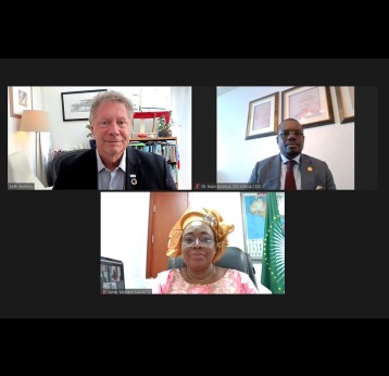 Gavi Chief Executive Officer Dr Seth Berkley (Top left ), Africa Centre for Disease Control and Prevention (Africa CDC) Director General Dr Jean Kaseya, (Right) and Amb. Minata Samate Cessouma (Below) during the virtual signing of the MOU on Monday