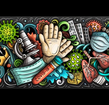 Coronavirus hand drawn cartoon doodles illustration. Quarantine objects and elements poster design.