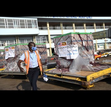 A consignment of 840,000 doses of J&amp;J COVID-19 vaccines through the COVAX for refugees and migrants shipped by UNICEF arrive at the Entebbe International Airport on request of the Government on March 10, 2022. Credit: UNICEF/2022/Maria Wamala