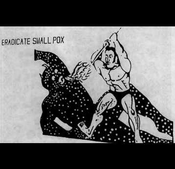 A poster displayed widely in India to promote the reward for reporting a smallpox case, depicts a hero slaying the smallpox demon with a needle | WHO (1979)