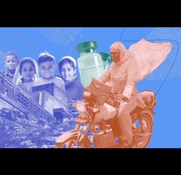 Graphic of Amina on her motorbike, children and a vaccine vial.