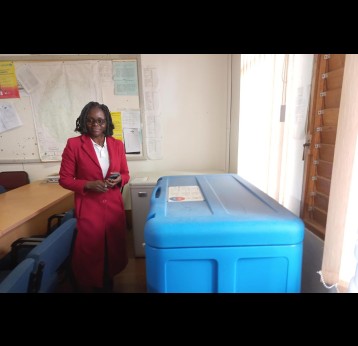 Nurse Tetty showing cold chain storage for COVID-19 vaccines at Mankayane Public Health Unit. Credit: Nonduduzo Kunene