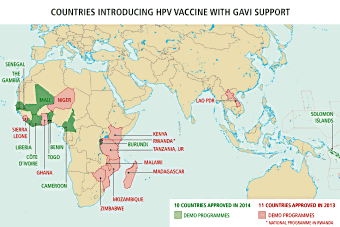 Voir la carte des pays introduisant le vaccin anti-VPH avec le soutien de GAVI