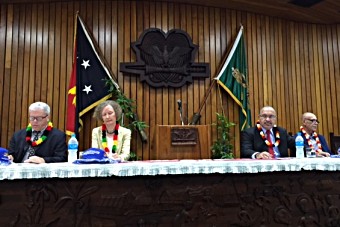 Official launch ceremony in PNG's Parliament building in Port Moresby. From left to right, Dr Pieter van Maaren, WHO Representative, Helen Evans, Special Representative of the Gavi CEO in the Asia-Pacific Region, Peter O'Neill, Prime Minister of Papua New Guinea and Michael Malabag, Minister of Health and HIV Aids.
