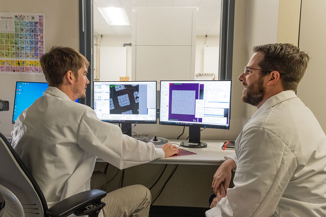 Jason McLellan (right) and Patrick Byrne (left) in the Sauer Lab on campus at The University of Texas at Austin. Credit: Vivian Abagiu