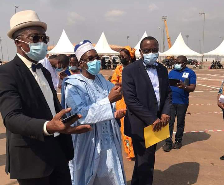 Cameroon's Minister of Public Health, Manaouda Malachie, supervises the operation of COVID-19 health protocols at the Olembé stadium in Yaoundé. Credit: Public Health Ministry of Cameroon