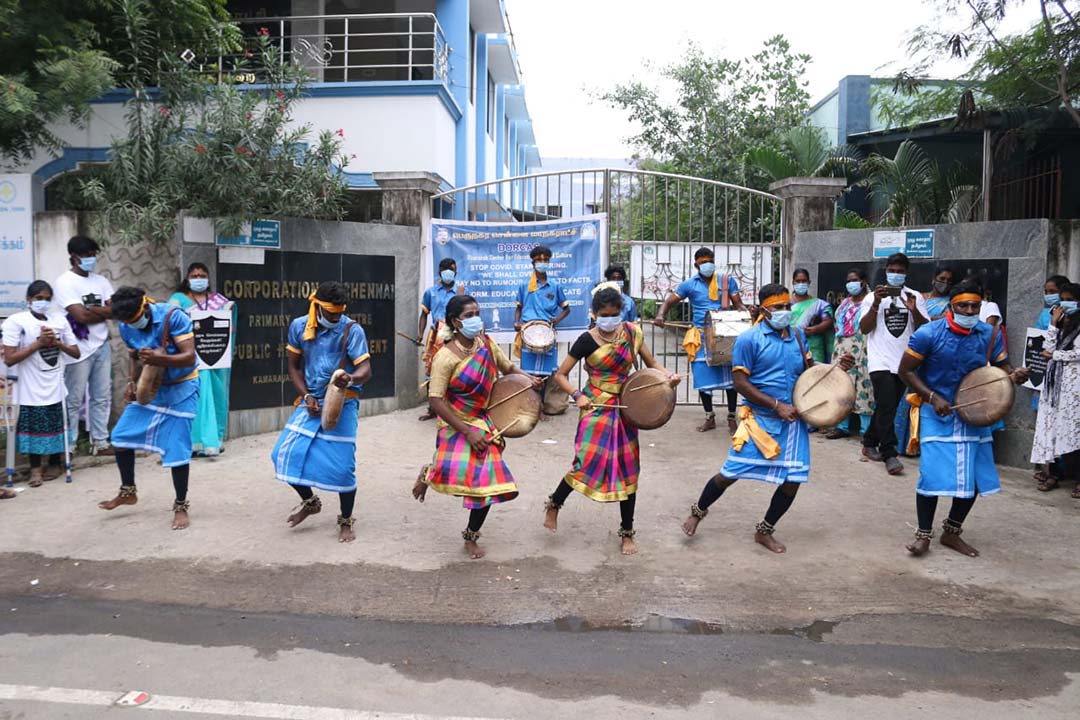 Volunteers performing a streetplay using folk art forms as part of the COVID-19 vaccine awareness campagin in chennai. Photo credit: sourced