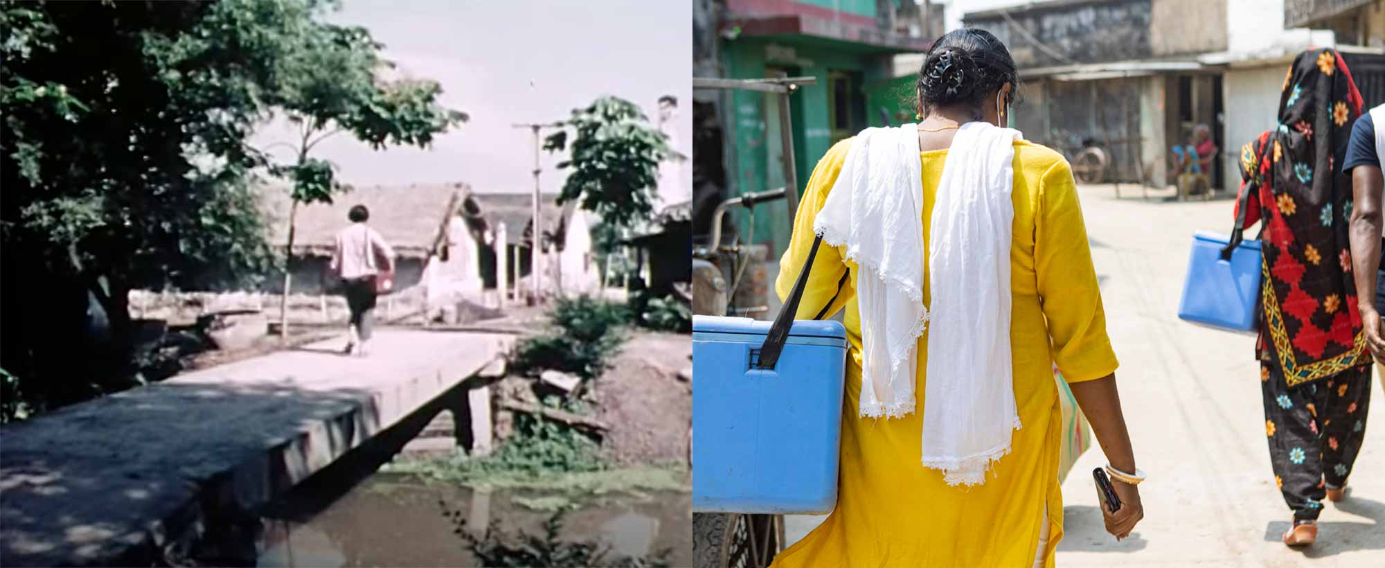 Rural health care. Left - a barefoot doctor in a cotton farming commune, eastern PRC, 1975 (still from a documentary [link] by Diana Li). Right - Nurses deliver COVID-19 vaccines in the Sundarbans, India, 2021"