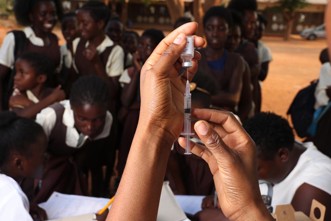 HPV vaccine to prevent cervical cancer is administrated to school children at Matipula Primary School in Lusaka, Zambia. Credit: Gavi/2023/Peter Caton