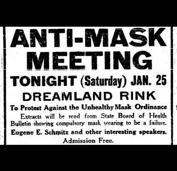 Advert for the Anti-Mask Meeting held in San Francisco in 1919; Credit: SF Chronicle