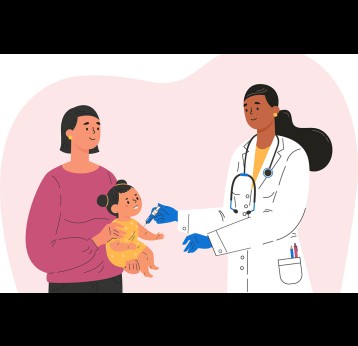 Illustration depicting a female doctor administering a vaccine to a baby in a hospital.