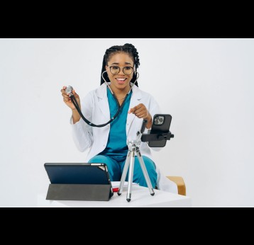 Doctor with a phone on a tripod and a tablet. Credit: Tessy Agbonome on Pexels