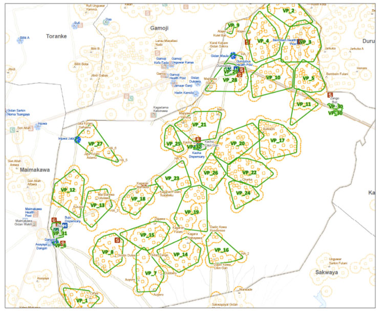 GIS-Map for micro-planning of Kacha ward, Dutse LGA, Jigawa state showing the distribution of vaccination teams across settlements. Photo source: NPHCDA