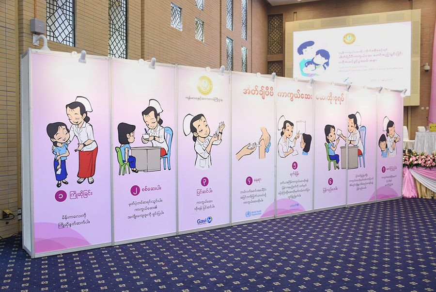 A booth at the launch ceremony outlines the steps to be followed at the HPV immunisation session. Gavi/2020