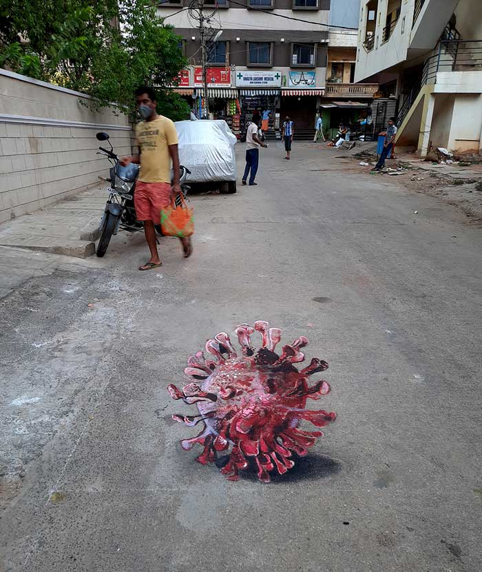 Baadal’s 3D coronavirus haunting the street outside his house, making the city’s invisible enemy visible.