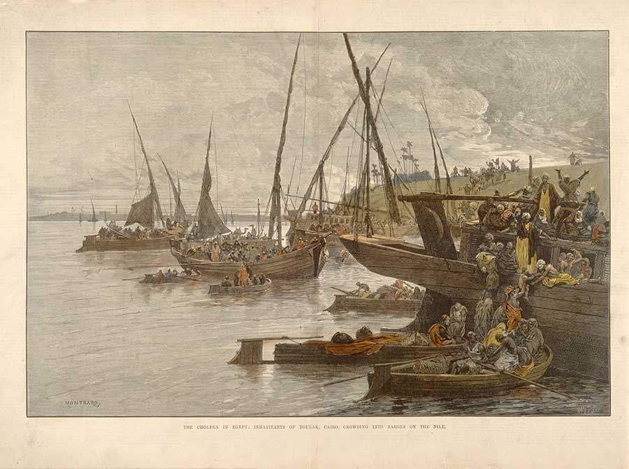 Cette gravure, intitulée Le choléra en Égypte : les habitants de Boulak, au Caire, s'entassant dans des barques sur le Nil, reflète la fixation européenne sur « l’Orient insalubre » et surpeuplé comme un terrain propice à l'infection.
