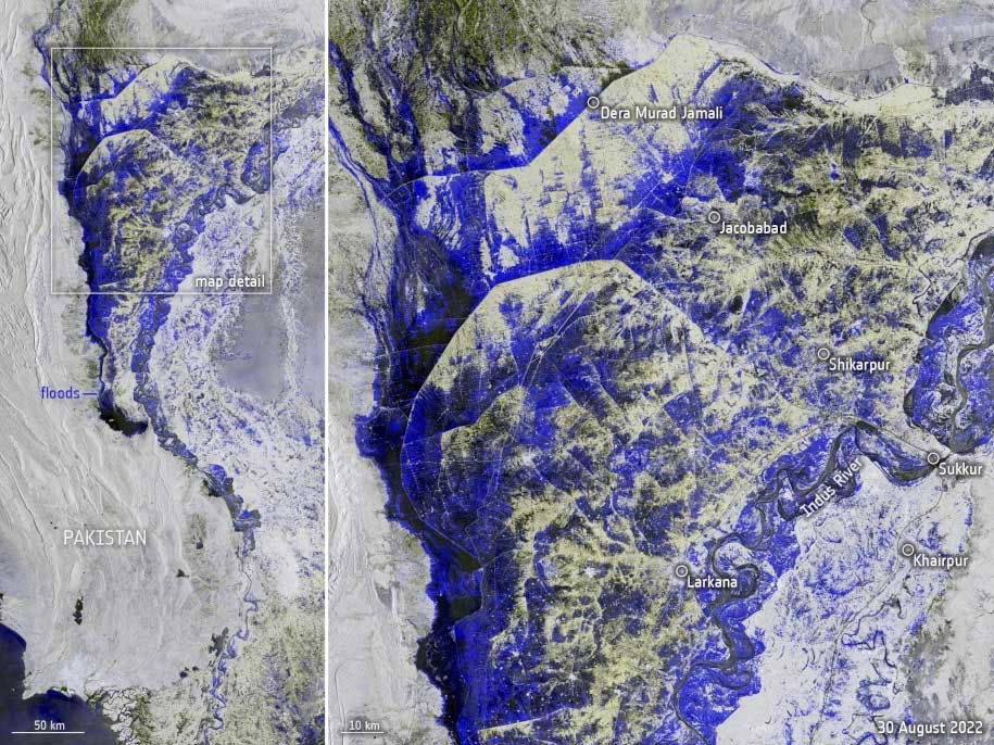 Data captured from space by Copernicus Sentinel-1 on 30 August by the European Space Agency showing the flooding in Pakistan. The left image is a wide view of the affected area. The right image zooms into the area between Dera Murad Jamali and Larkana. The blue to black colours show submerged areas. Image credit: European Space Agency (CC BY SA 3.0 IGO)