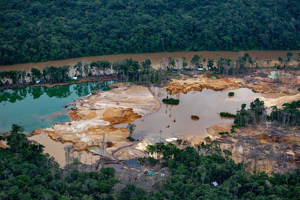 Overflight images in 2021 reveal the destruction wrought by illegal gold mining within the Yanomami Indigenous Territory in Roraima state, where at least 20,000 miners are at work. Image © Christian Braga/Greenpeace