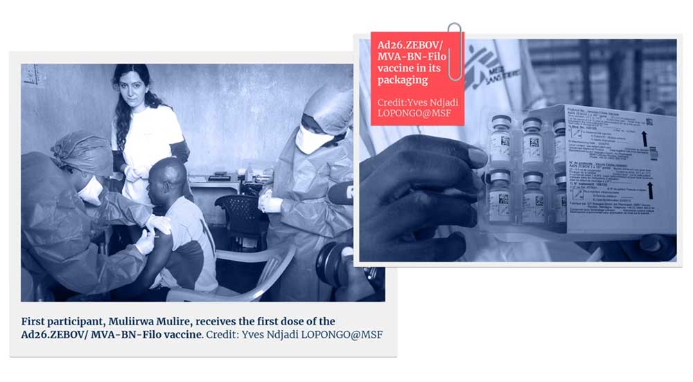 第一位参与者 Muliirwa Mulire 接种了第一剂 Ad26.ZEBOV/MVA-BN-Filo 疫苗。图片来源：Yves Ndjadl LOPONGO@MSF