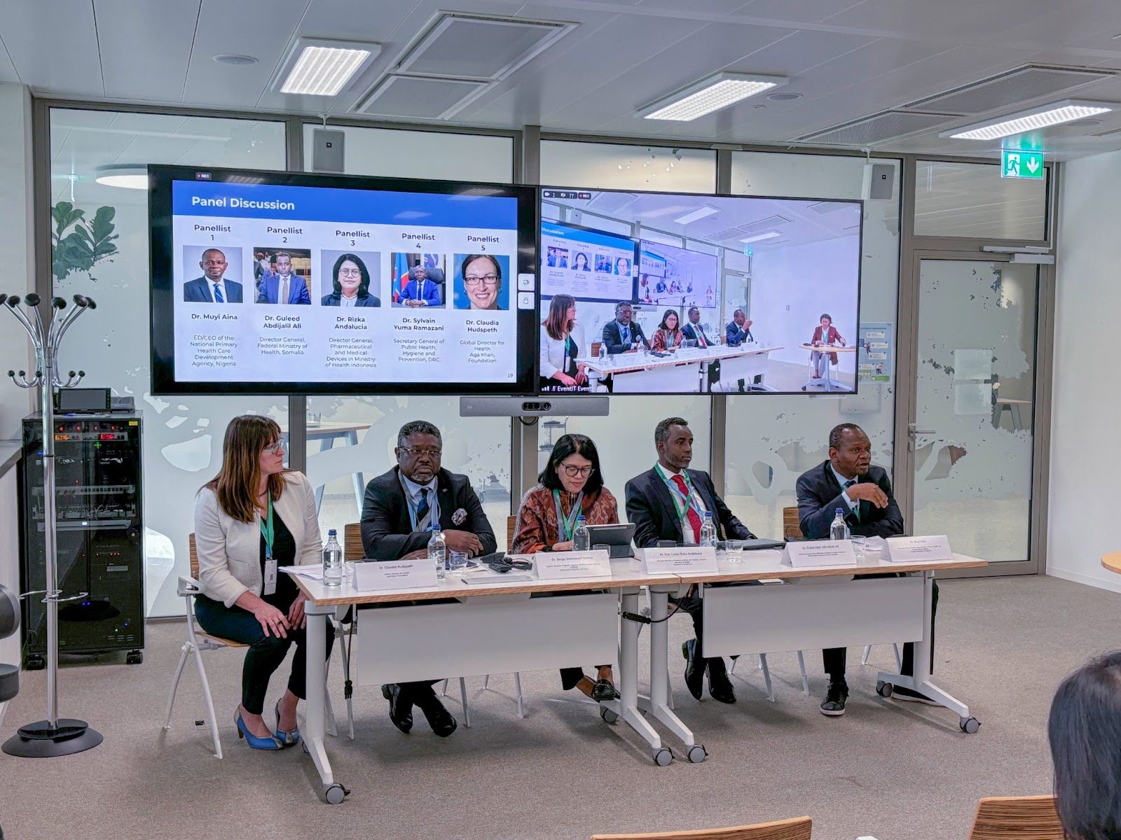 From left: Dr. Claudia Hudspeth, Global Director for Health, Aga Khan Foundation; Dr. Serge Emmanuel Holenn, Deputy Minister of Health, Hygiene and Prevention in DRC’s Ministry of Health; Dr. Rizka Andalucia, Director General, Pharmaceutical and Medical Devices in Ministry of Health Indonesia; Dr Guleed Abdijalil Ali, Director General Federal Ministry of Health Somalia; Dr. Muyi Aina, ED/CEO of the National Primary Health Care Development Agency, Nigeria.