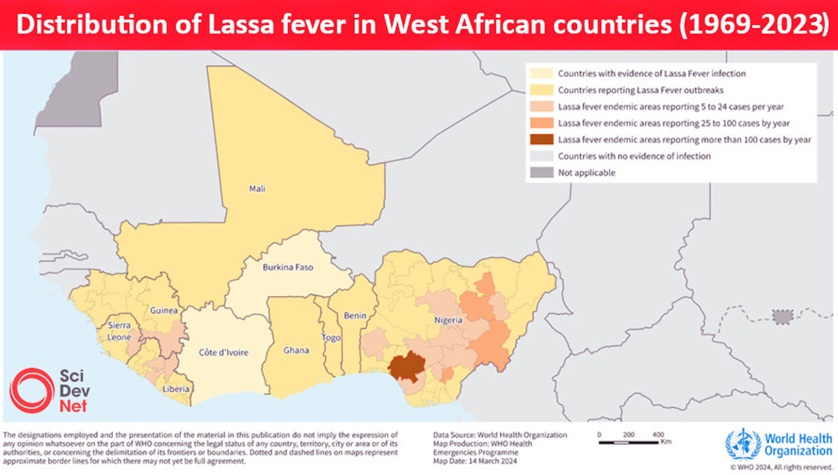 Map: Distribution of lassa fever in West African countries (1969-2023)