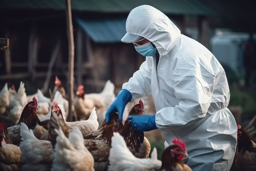 兽医在养鸡场穿着防护设备进行禽流感检查。