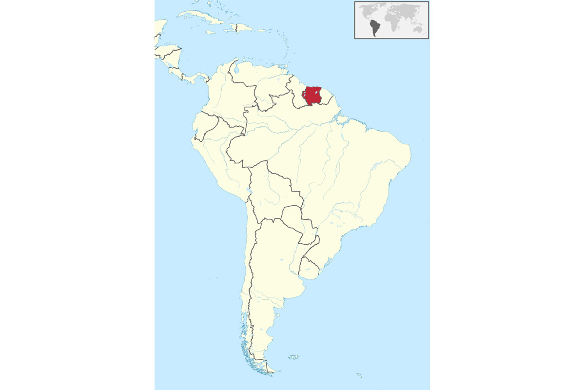 Location of Suriname in South America. Credit: TUBS/Wikimedia Commons , licensed under Creative Commons CC BY-SA 3.0 Deed