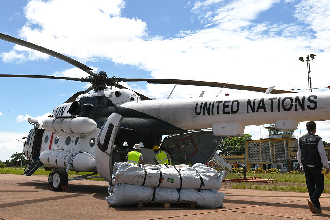 UN helicopter on the tarmac of Mbandaka airport loading equipments for the Ebola response before taking off to Bikoro isolated areas