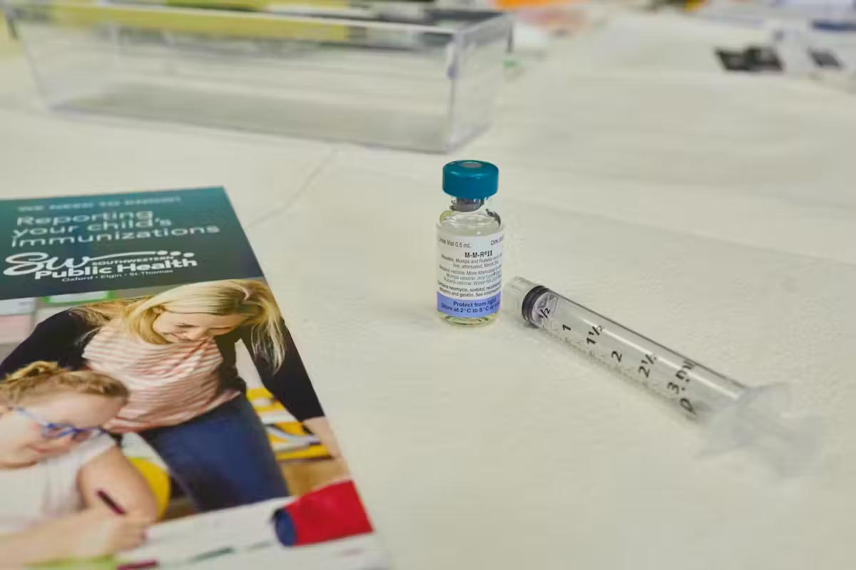 A dose of the measles, mumps, and rubella (MMR) vaccination awaits the next patient during a vaccine clinic at Southwestern Public Health in St. Thomas, Ont. on March 4, 2025. THE CANADIAN PRESS/ Geoff Robins