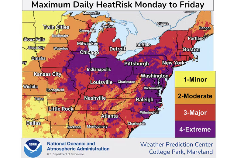 The Weather Prediction Center’s heat forecast, released June 22, shows the maximum heat risks states can expect to see at some point during the week of June 23-27, 2025. Credit: NOAA Weather Prediction Center